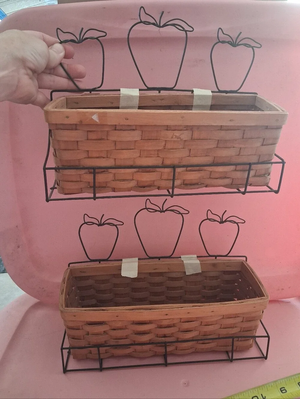 Vintage 2 Piece Set Woven Apple Accent Wall Baskets Set in Natural Brown